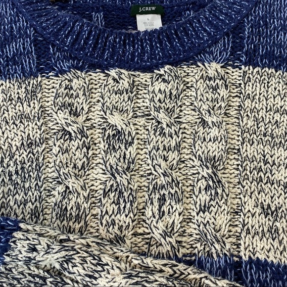 J Crew Cable Knit Sweater Blue Cream Stripe Large Pullover Crewneck Long Sleeve - Picture 4 of 6